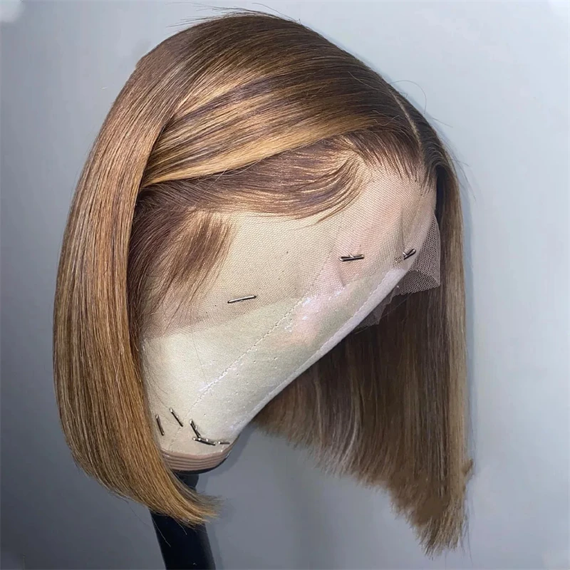 

Short Bob Ash Blonde Lace Frontal Wig 100% Human Hair Brown Highlight 13x4 Straight HD Lace Front Human Hair Wigs For Women