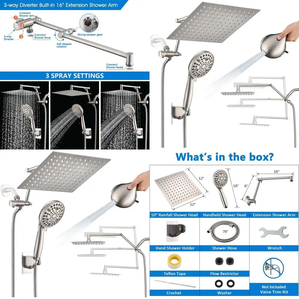 

Душевая система с 12 режимами струи, ручной лейкой, двойным режимом работы, 10 настроек для ручной лейки, удлинительный кронштейн 16 дюймов, шланг 6 футов - матовый никель