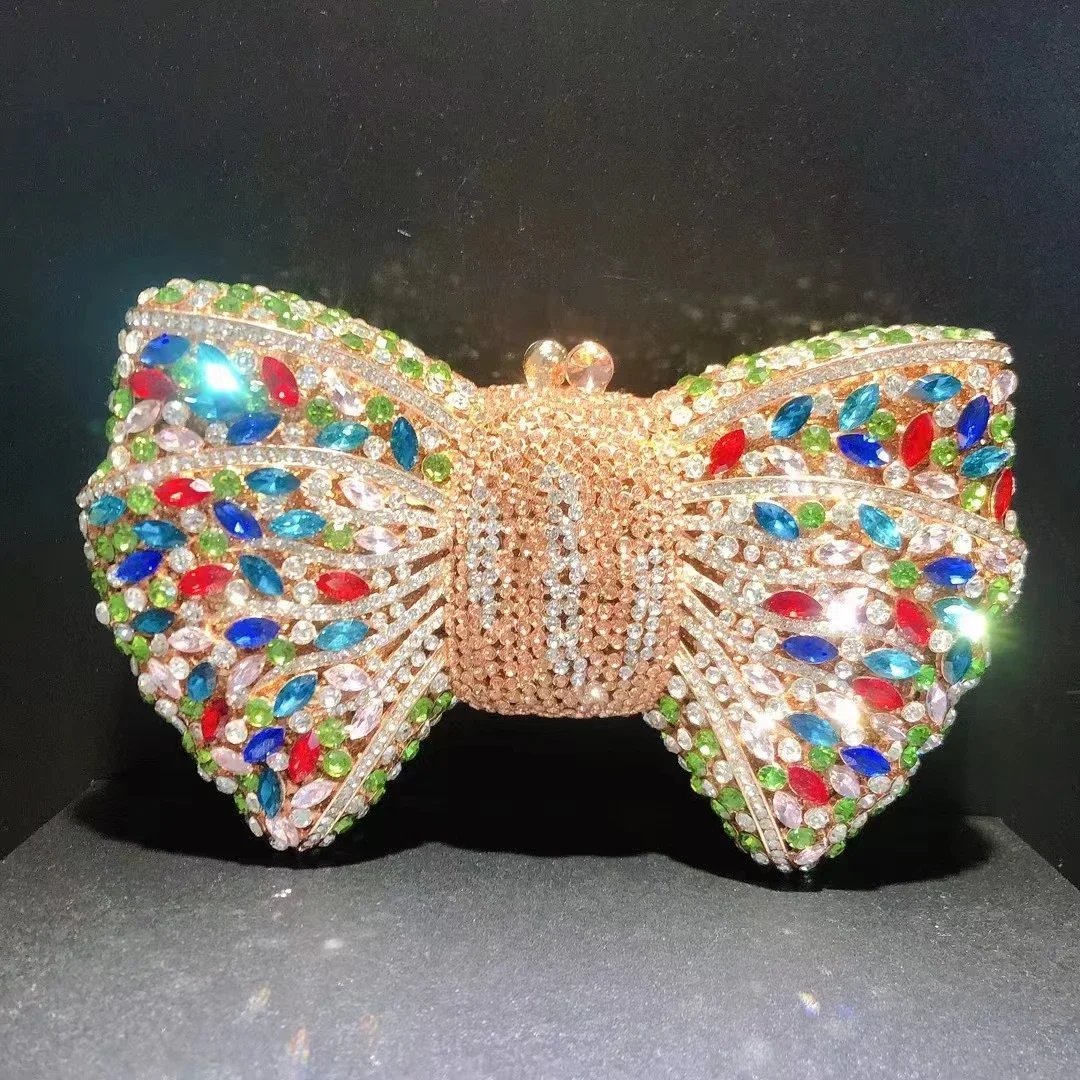 

XIYUAN Woman 12 Colors Bow Shape Diamond Evening Bag Party Dinner Metal Crystal Wedding Handbag Gala Bridal Hollow Gift Purse