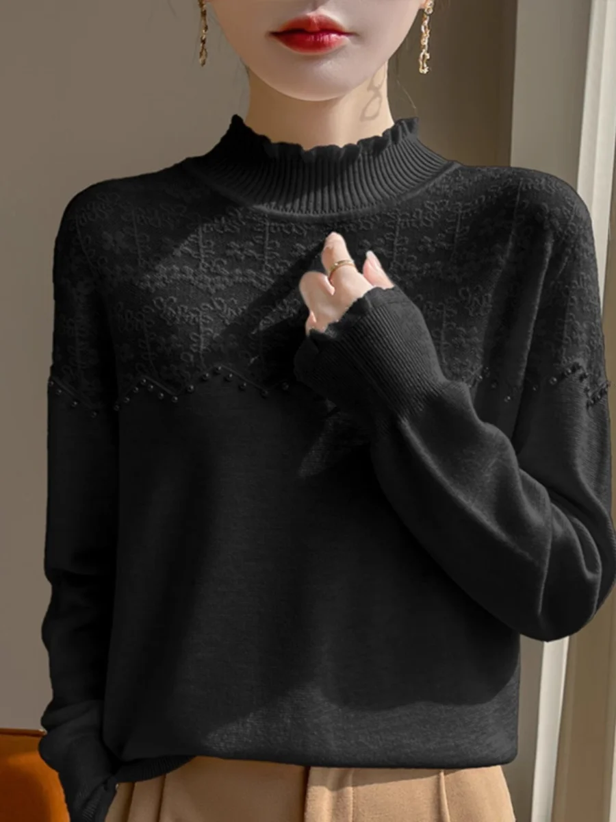 Faionable Embellied Knit Sweater Women's f High Collar Pearl Hook Flower Knitted Top Outerwear Super Sli Autumn Wi...
