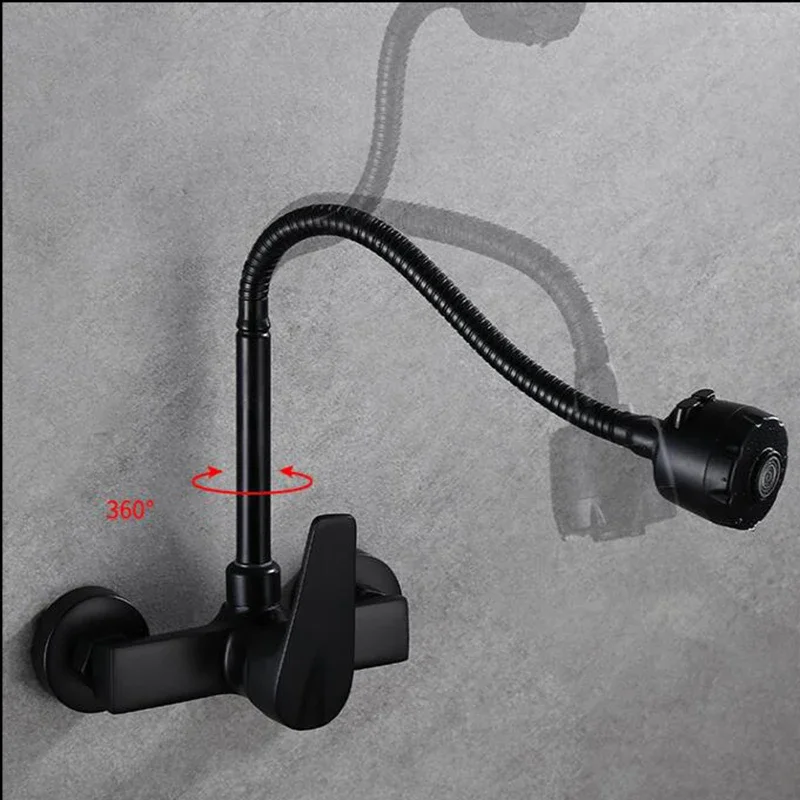 Free Shipping Black Brushed Kitchen Faucet Wall Mounted 2 Models Hot&Cold Water Sink Faucet 360 Rotation Sprayer Taps
