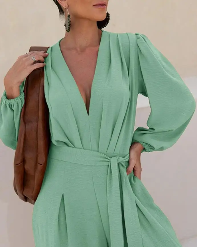 Women Long Jumpsuits Puff Sleeve Plunge V Neck Waist Tied Detai Jumpsuit Female Casual Ruched Textured Loose Romper with Pockets