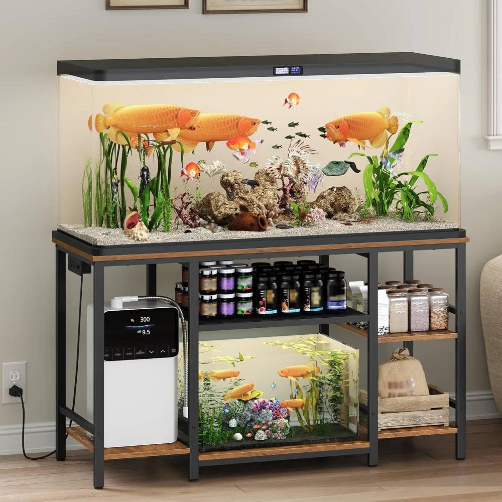 

55-75 Gallon Fish Tank Stand with Power Outlet, 3-Tier Metal Frame Aquarium Stand, Heavy Duty Reptile Terrarium Tank Stand, 52.0