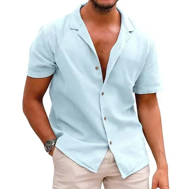 Men's Casual Short Sleeved Shirt Linen Lapel T-shirt, Comfortable and Loose Fitting Top