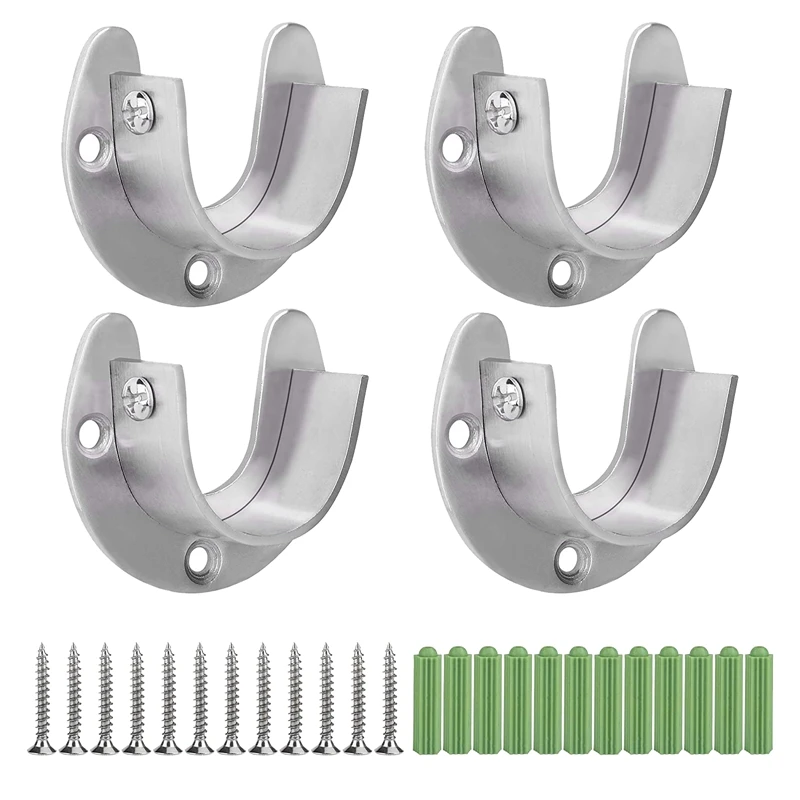 

4 Pcs Stainless Steel Hanging Rod Bracket U Shaped Curtain Rod Bracket, Heavy Duty Round Tube Sockets With Screws (25Mm)