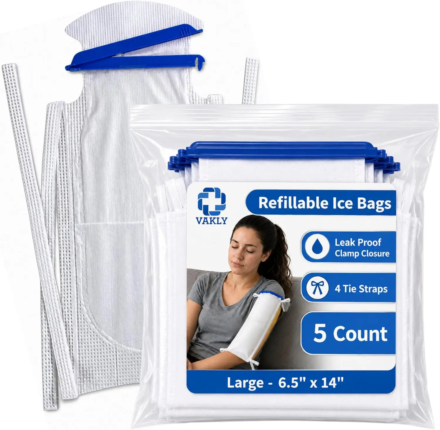 

Large Refillable Ice Bags 6.5 x 14 [Pack of 5] – Reusable Ice Pack with Clamp Closure & Leak-Resistant Design for Hospital, Home & Sports
