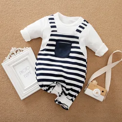 Spring and Autumn Boys' and Girls' Clothing Striped Straps Fake Two Piece Cotton Long Sleeve Baby Bodysuit