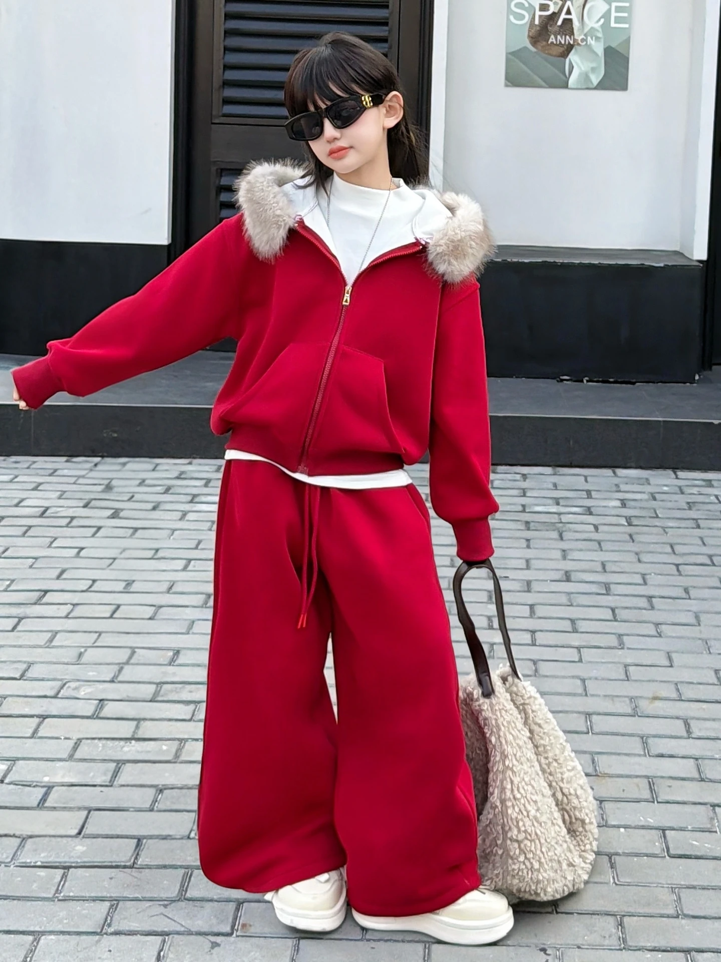 

Thiened Fce Children's Faion Set Autumn Winter High Waist Wide Leg Pants Two Piece Set Girls Warm Casual Sle Outfit