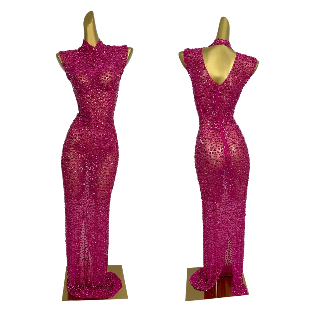 Vestido rosa brillante con diamantes de imitación para fiesta de cumpleaños, vestido de cena de talla grande para mujer, ropa de discoteca, vestido de noche largo sin mangas para graduación