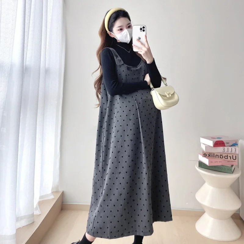 

Korean Style Maternity Clothes Set Long Sleeve Basic Shirts Strap Polka Dot Dress Twinset Fashion Pregnant Woman Sundress Suits