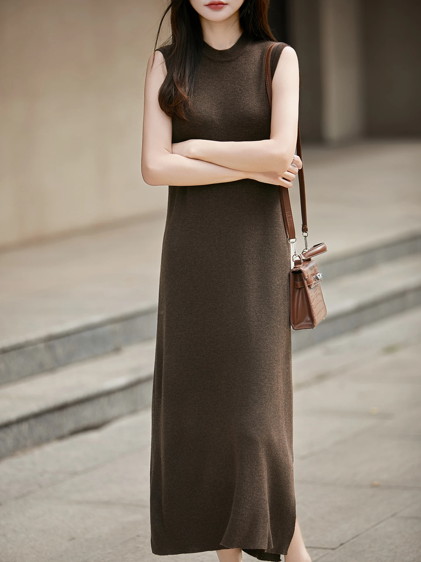 Ele malha vela colete dr gola alta camada base longa dr casual sle cintura solta tecido macio saia tubo reto