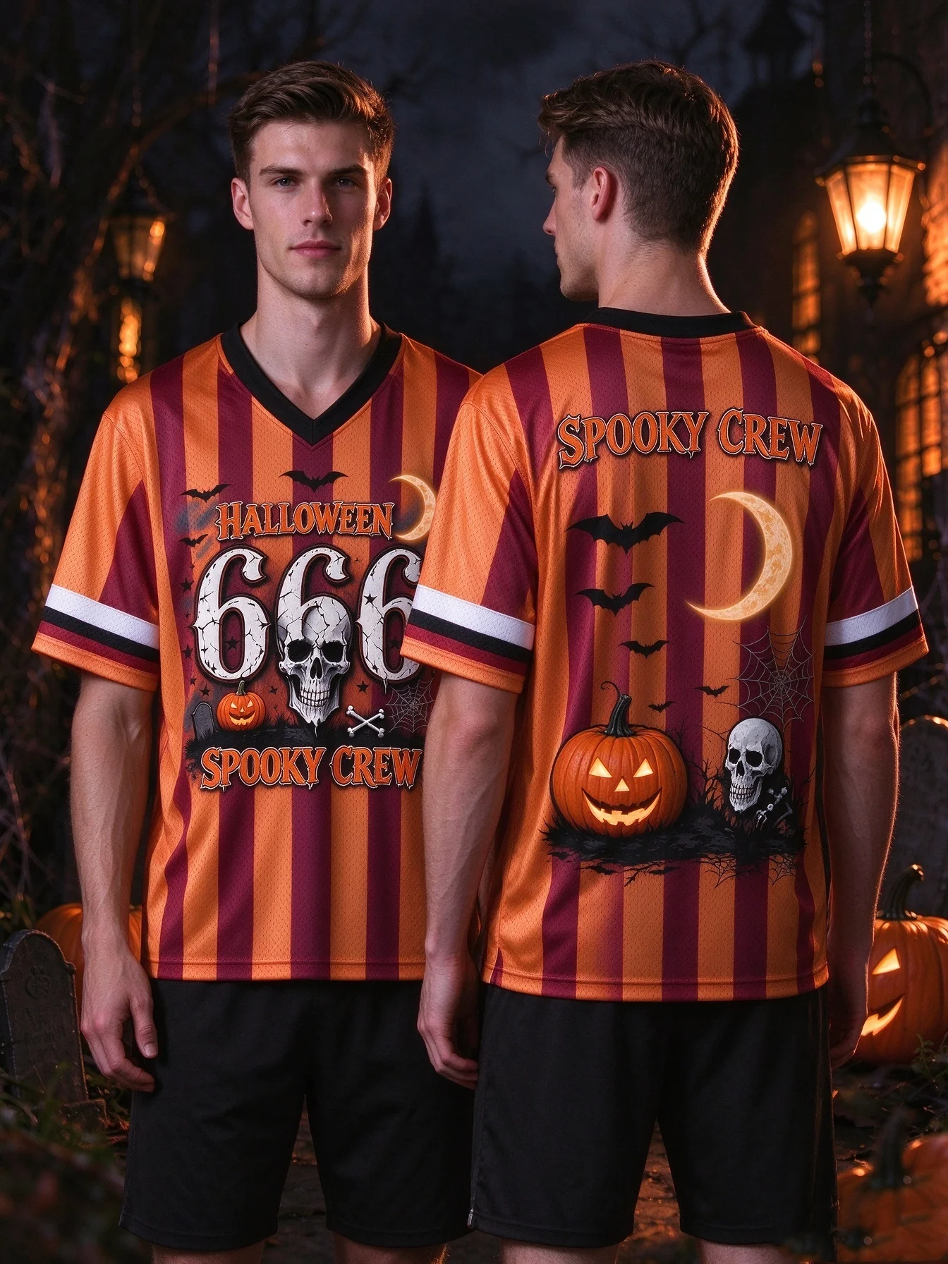 2026 New Halloween SPOOKY CREW Skull 666 Print Striped V Neck Mesh Jersey, Men Loose Short Sleeve Football Tees