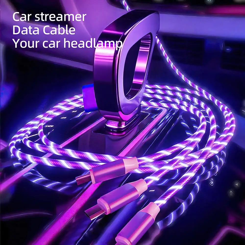 كابل شحن الهاتف 3 في 1 متعدد USB متدفق LED، مع واجهة لموصل شاحن USB Apple + Type C + Micro