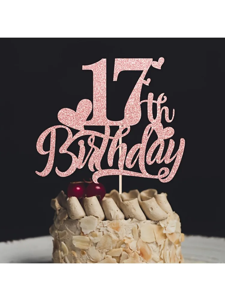 Décoration de gâteau de 17e anniversaire à paillettes dorées roses, 1 pièce, décoration élégante en bambou pour joyeux 17e fête, aucun pouvoir nécessaire