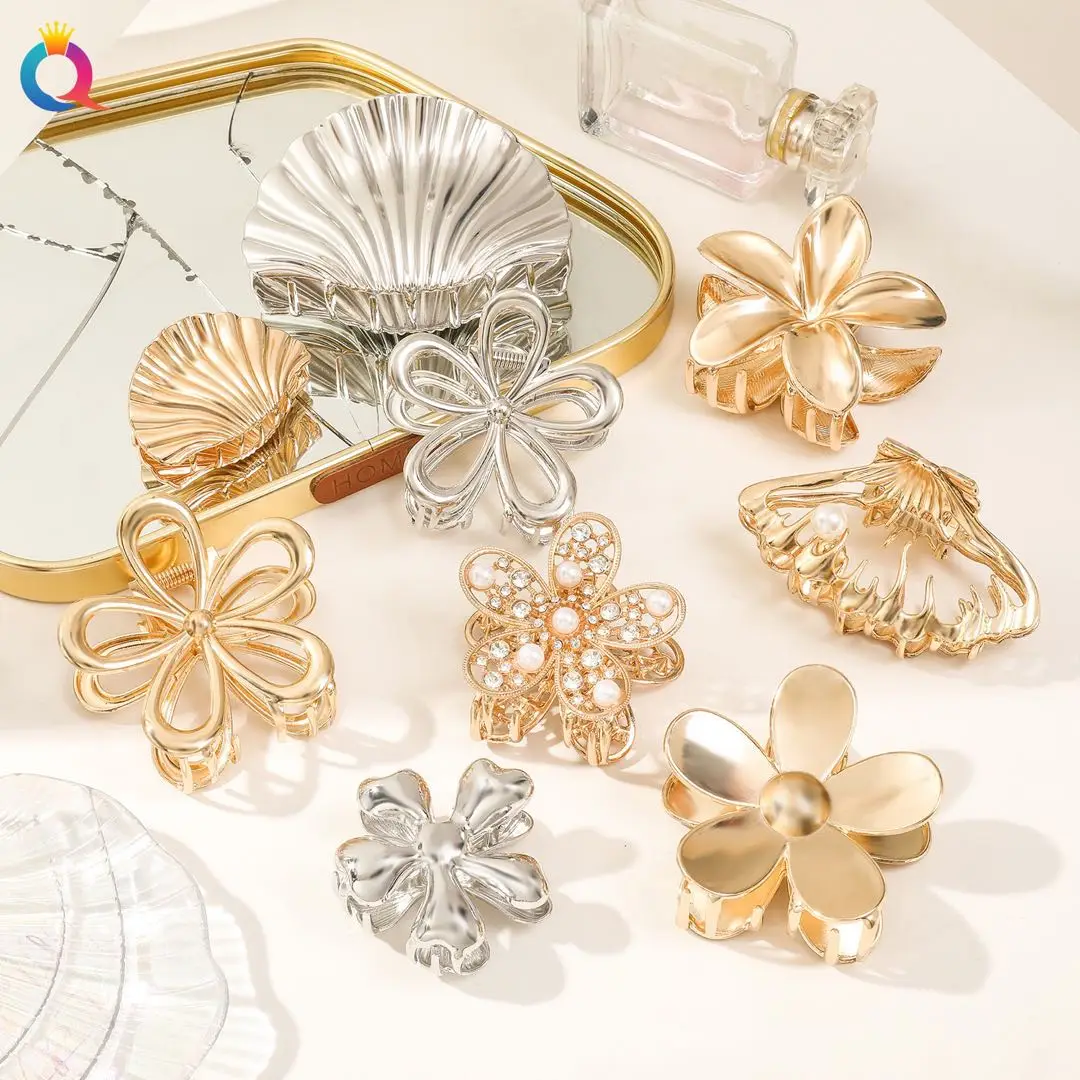 1 Pcs Silver Flower Claw Clips Metal Alloy Hair Accessories for Women Girls,Pearl Hairpins Shark Strong Hold Hair Clips