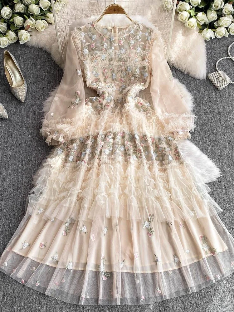 Ele Long Lace Dr with Embroidery And Bubble Sves Cake Sle Women's High Waist A-Line Skirt Autumn Season Faion