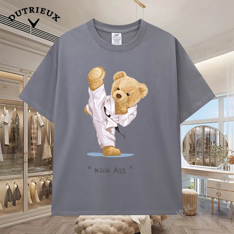 2024 New Luxury Bear Short Sleeved Men's and Women's Loose 230g Fabric weight Cotton Versatile Round Neck Breathable Inner Layup