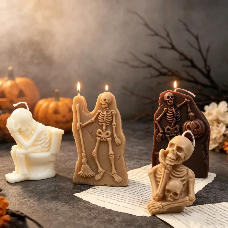 Halloween Skeleton Silicone Candle Mold Hug Skull Bathtub Toilet Sweep Pumpkin Tombstone DIY Gothic Spooky Soap Resin Mould Decc