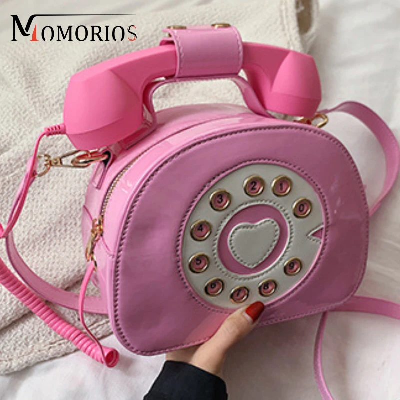 Unique Telephone Look Crossbody Bag for Sweet Girls Glossy Patent Leather Waterproof HandBag Creative Phone Shaped for Women