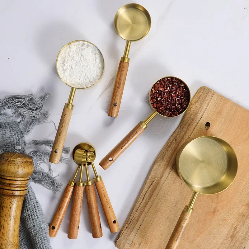 Stainless Steel Measuring Cup, Measuring Spoon, Acacia Wooden Handle, Kitchen Baking Tool, Mixing Scale, Measuring Spoon Set