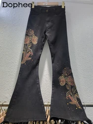Pantalones acampanados de mezclilla para mujer, Jeans de cintura alta, ropa Vintage de moda, tendencia de diamante, industria pesada, Otoño, 2024
