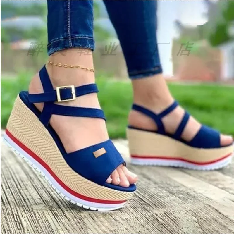 Women Summer Woven Wedge Roman Sandals Women Retro Ankle Buckle Chunky Platform Sandles Woman Open Toe Thick Bottom Sandalias