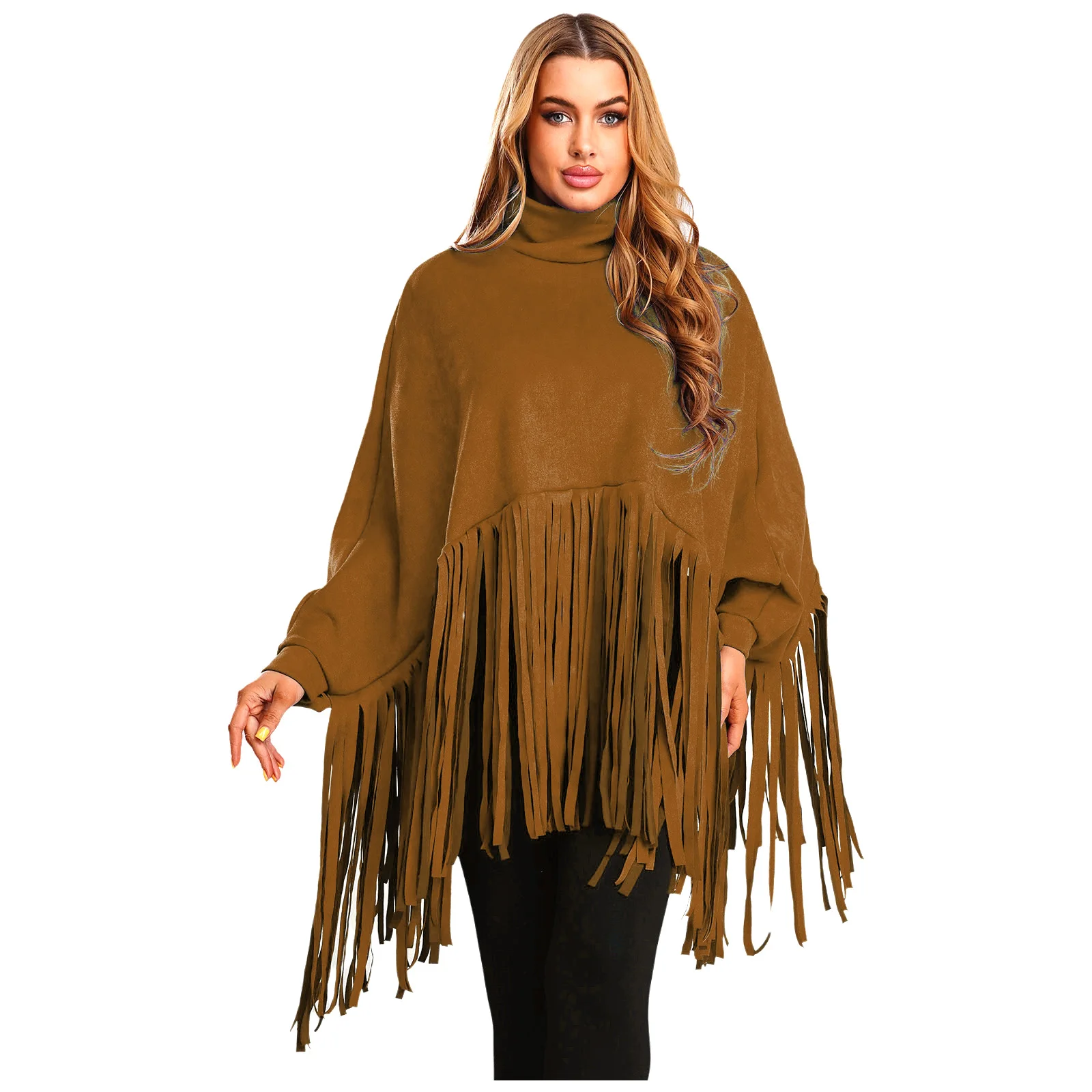 

Women Retro Cowgirl Fringe Cape Stand Collar Tassel Trim Changeable Sleeves Faux Suede Pullover Tops for Club Party Street Wear
