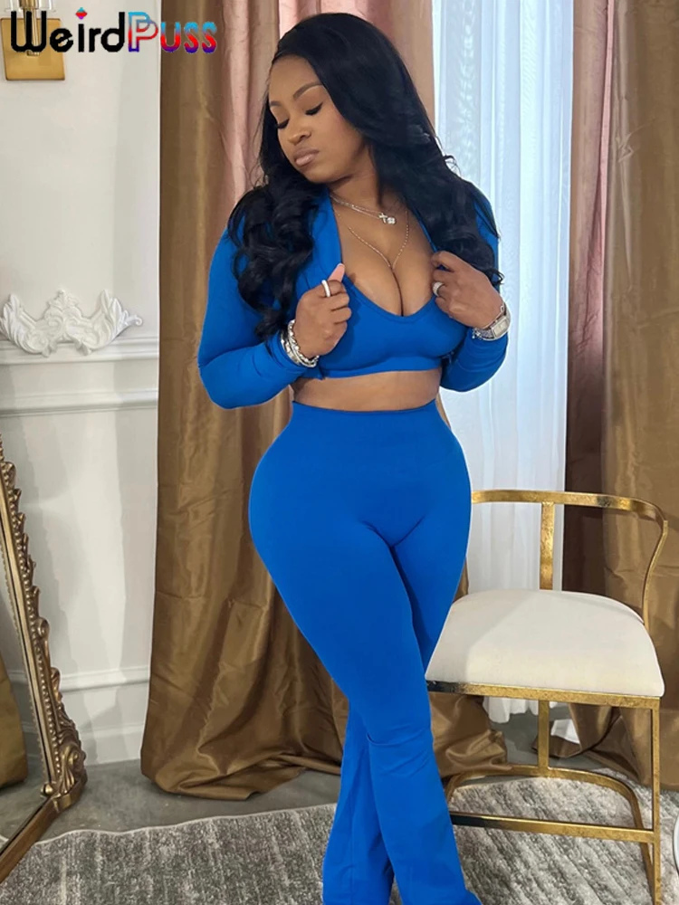 

Weird Puss Y2K Casual 3 Piece Set Women Skinny Crop Tops+Zipper Long Sleeve Simple Jacket+Trend Flared Pants Classic Tracksuit