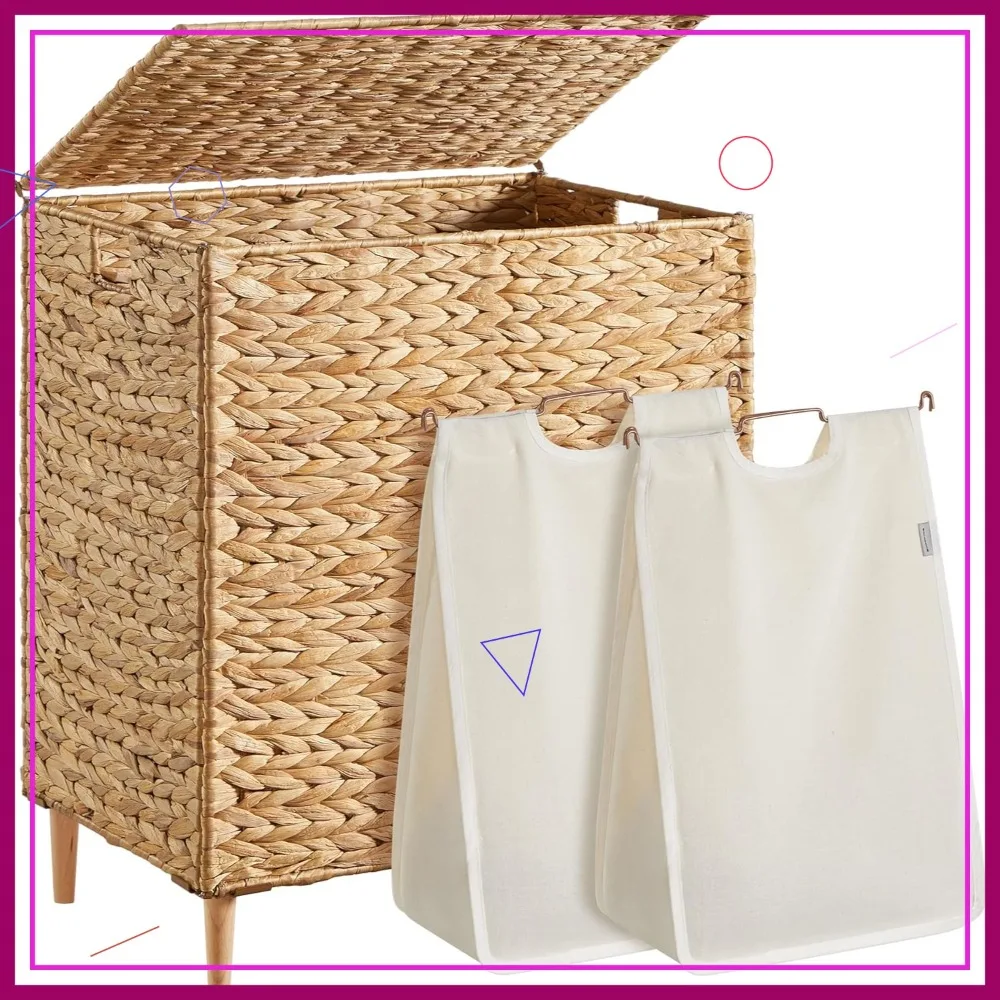 

Large 34.3 Gal Handwoven Wicker Laundry Basket with Lid, 2 Sections for Easy Sorting, Natural Material for Home Organization