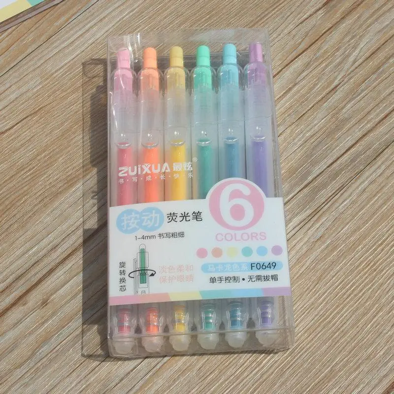 6pcs Macaroon Click Highlighter Pen Pastel Highlighter Set 6 Colors Pens Cute Markers Set Highlighter Pen Stationery Supplies