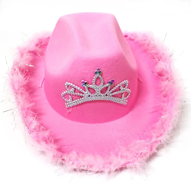 

Crown Pink Cowboy Hat Western Cowgirl Women Girls Feather Edge Shiny Sequins Tiara Cowgirl Hats Party Fedora Caps