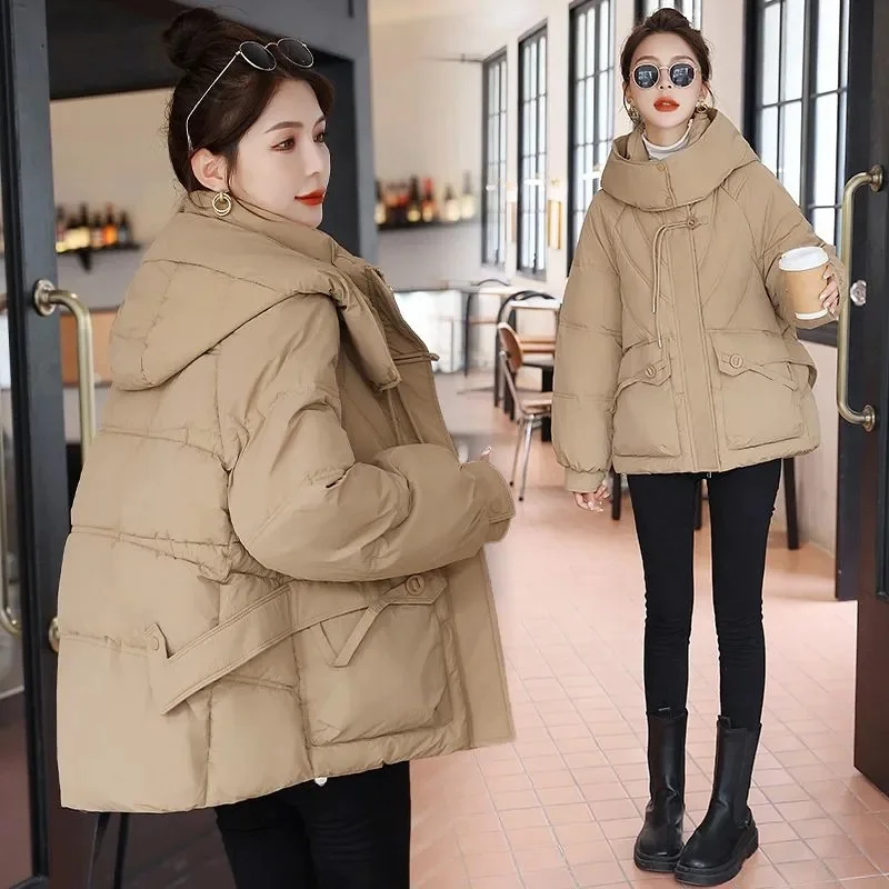 Damska kurtka puchowa na jesień i zimę 2025, lekka, z kapturem, luźna, ciepła parka, odzież wierzchnia.