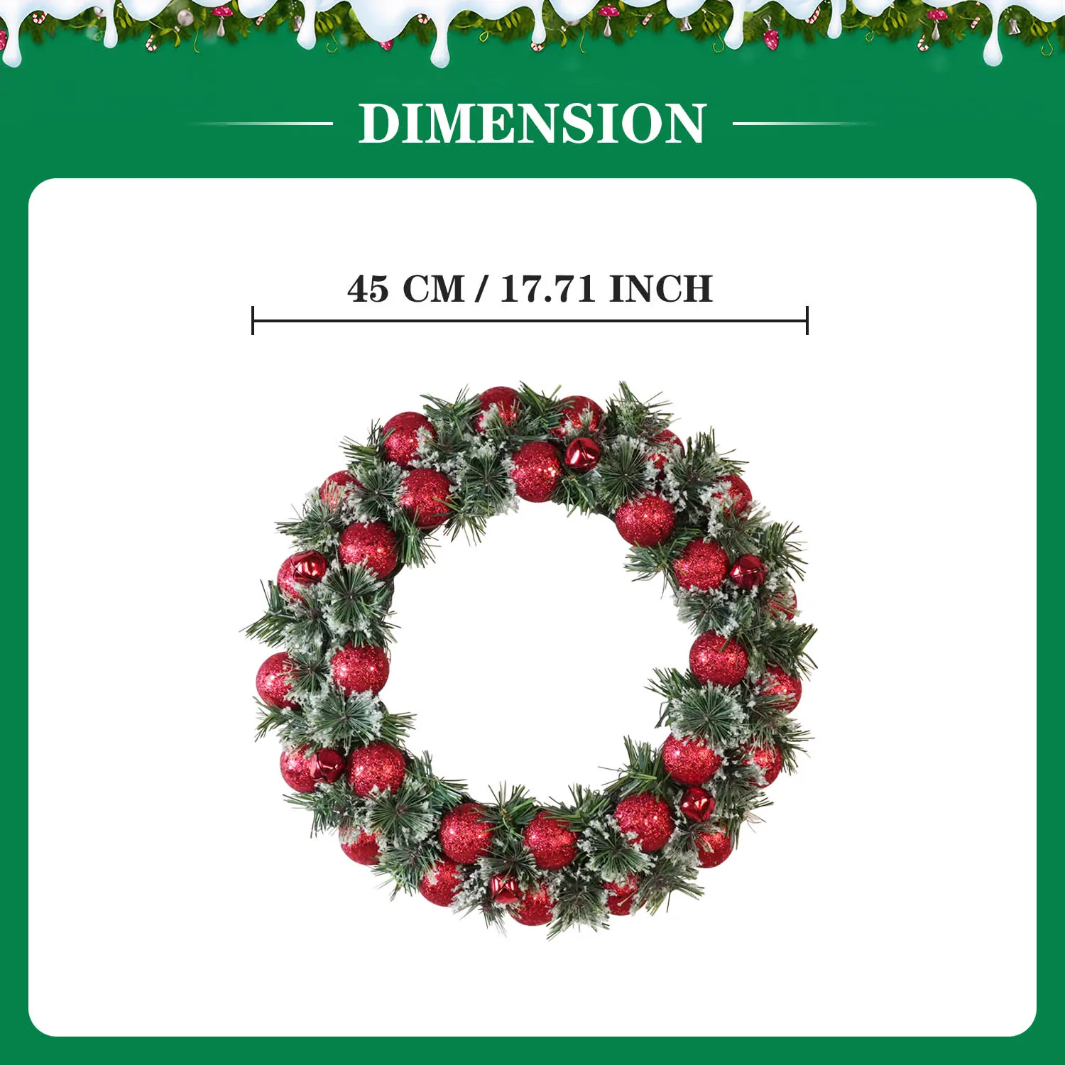 Handmade 17.71inch Christmas door wreath with realistic pine needles, red balls and bells For Christmas decorations home decor