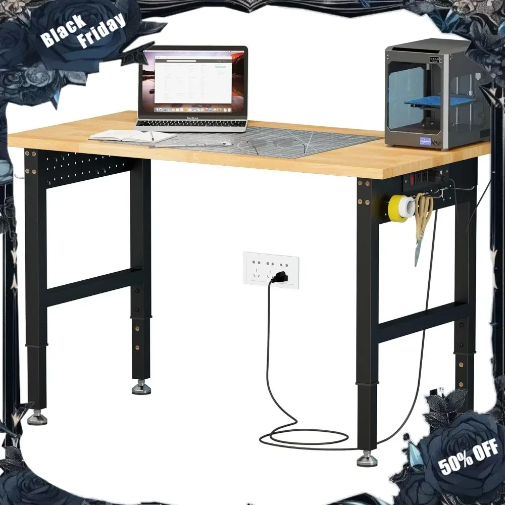 Adjustable Heavy Duty Workbench with 4 AC Outlet and 2 USB Ports Power Outlets, 2000 Lbs Capacity, Rubber Wood Top for Garage