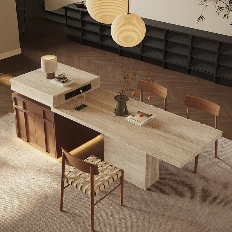 Medieval style rock slab island dining table integrated solid wood multi-functional advanced feeling falling table small