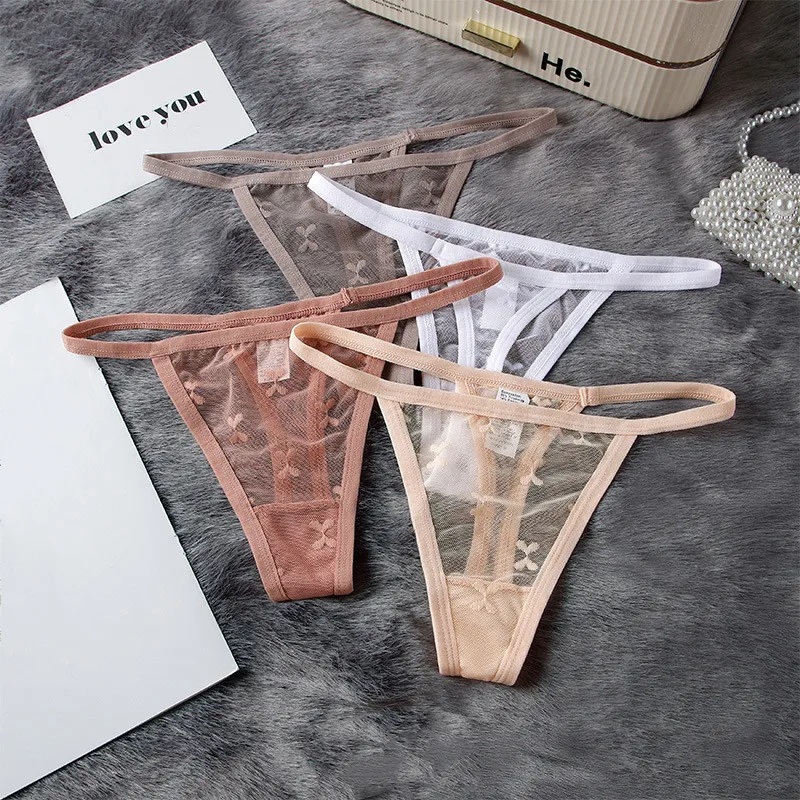 3Pcs/set Mesh Transparent Women's Panties Thin Belt Heart Embroidery Thongs Sexy Ladies G-string Elastic Solid Color Underwear