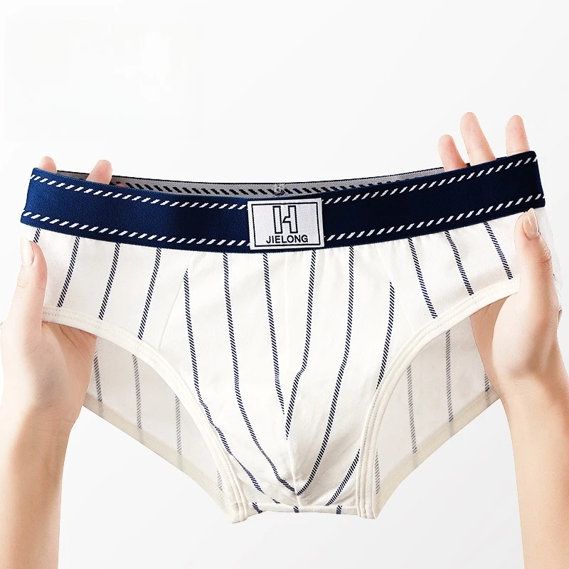 Trendy Men's Underwear Soft Comfortable U Bulge Pouch Teen Cotton Panties Striped Mid-Waist Large Size Men's Breathable Briefs