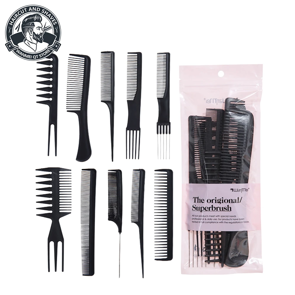 

10 шт., профессиональный набор расчесок для укладки черного парикмахера — различные наборы, подходят для всех типов и стилей волос — идеально подходят для использования в салоне