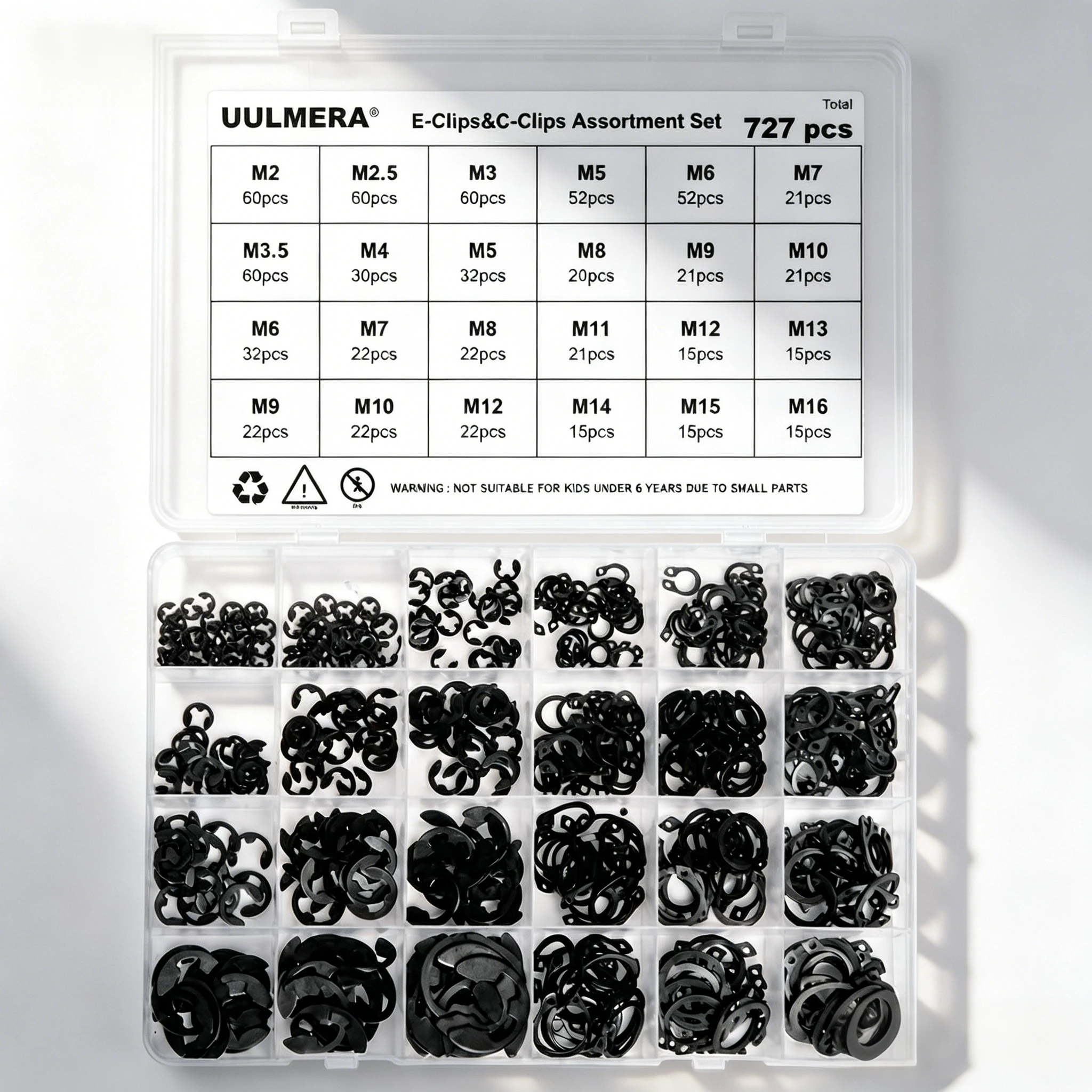 727Pcs M3-M25 Black Alloy Steel E-Clips and C Clips External Circlip Set Snap Ring Retaining Ring for Shaft Bearing Hardware