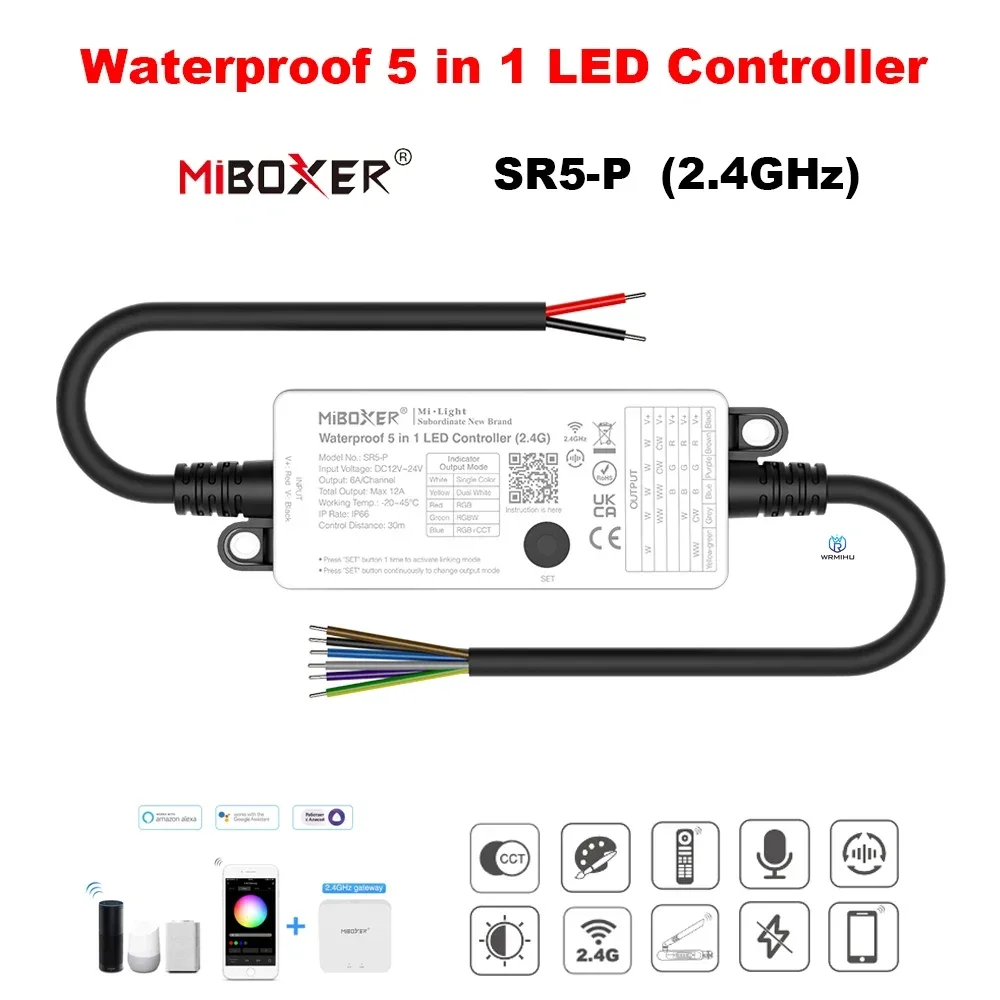Miboxer Waterproof 5 in 1 LED Controller SR5-P 2.4G RF Remote Control for DC 12V 24V Single Color CCT RGB RGBW RGB+CCT LED Strip