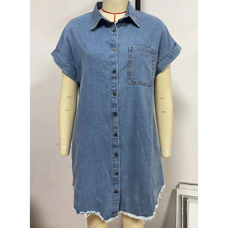 فستان قميص قصير أنيق للسيدات صيفي من قماش الدنيم فستان أزرق بأكمام قصيرة فستان صيفي بأزرار فساتين فضفاضة غير رسمية للسيدات فيستدوس بارا موجر