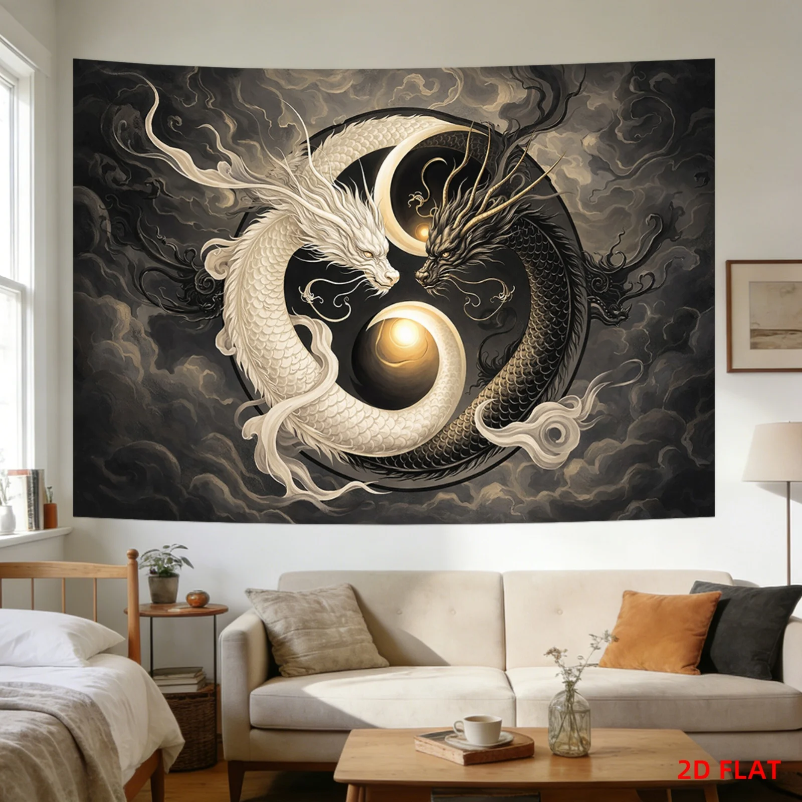 Large Yin Yang Dragon Tapestry Wall Hanging Chinese Decor Art Print Feng Shui Mythology Luxury Black and White Living Room