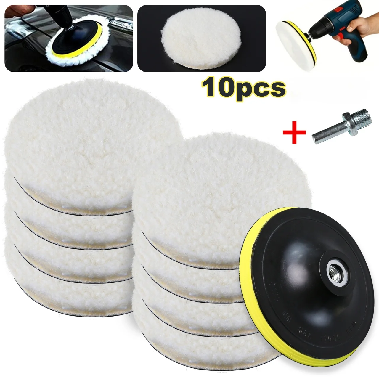10PCS (8Pads+1Sucker+1Screw) Car Polishing Waxing Buffing Wheel Pad Car Polisher Kit for Auto M10/M14 Drill Connector