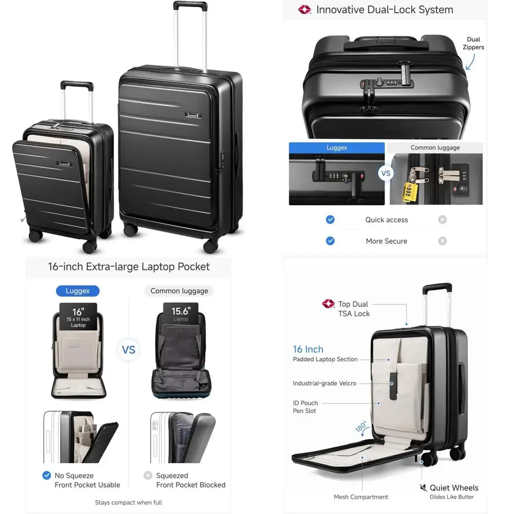 Expandable Polycarbonate Hard Shell Luggage Set, 2 Piece with Front Pocket, Black, 20 and 28 Inch Travel Suitcases