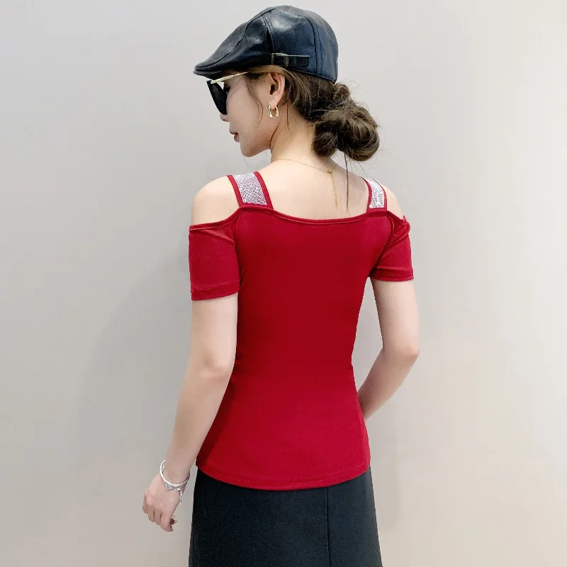 ملابس أوروبية جديدة مثيرة معطلة الكتف المرأة تي شيرت موضة الساخن الماس شبكة تيز الصيف قصيرة الأكمام أنيقة الإناث