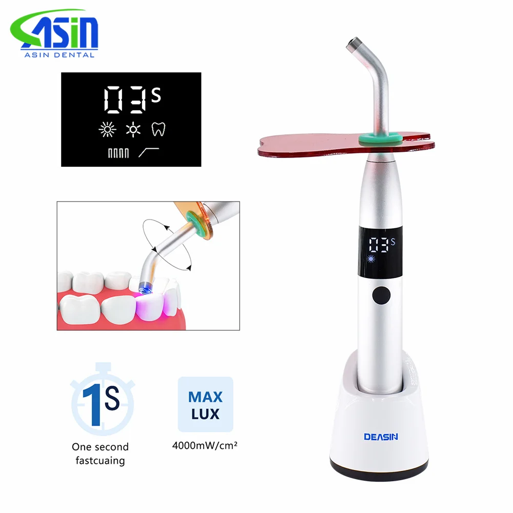 DEASIN Dental Curing Light Lamp LED Cordless Metal Head 1S Cure 3 Modes 1000-4000mw/cm² Standing Design Dentistry Equipment