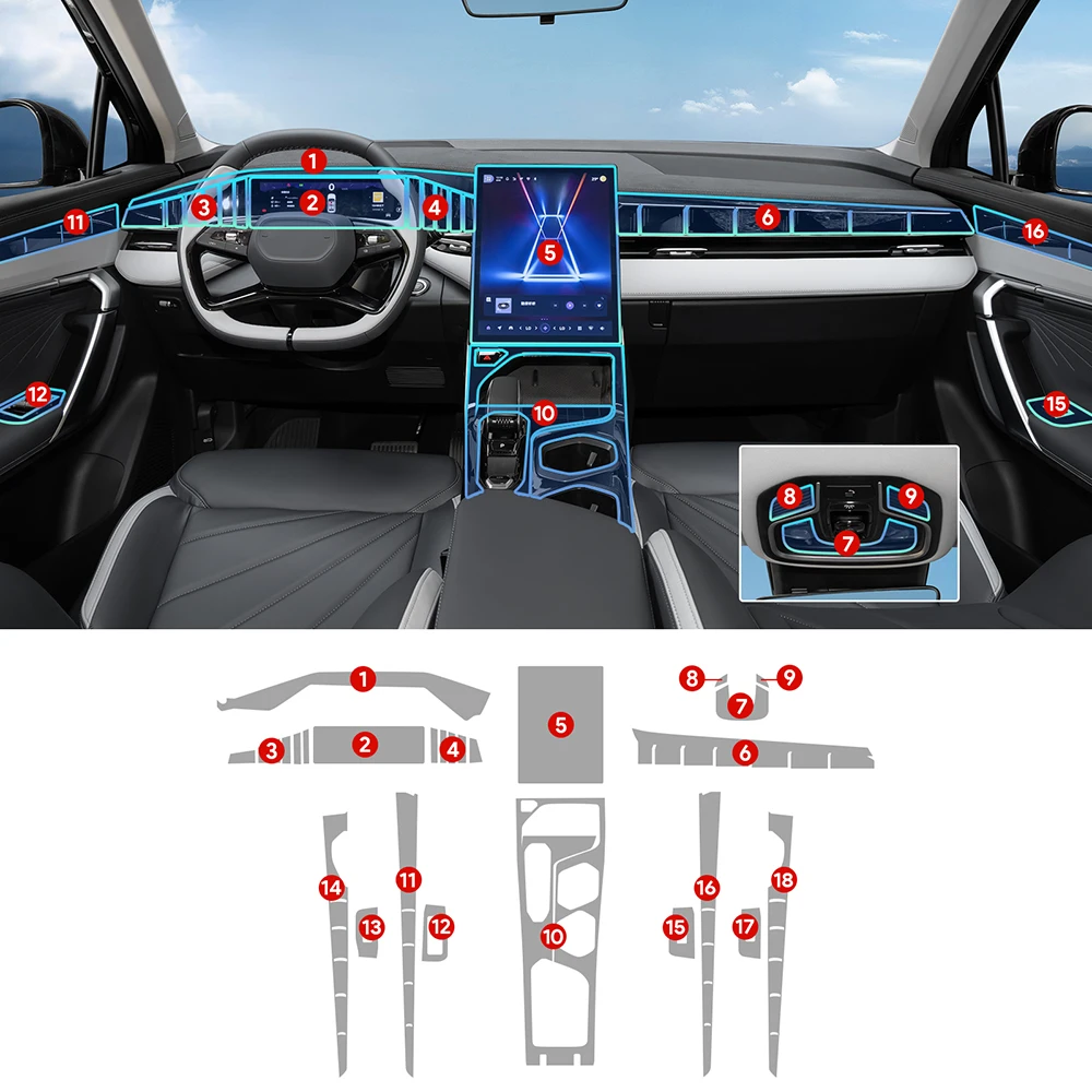 

Защитная прозрачная пленка из ТПУ для интерьера Geely Atlas Boyue 2023-2024: наклейки на центральную консоль, рычаг КПП, навигатор, дверные элементы и аксессуары