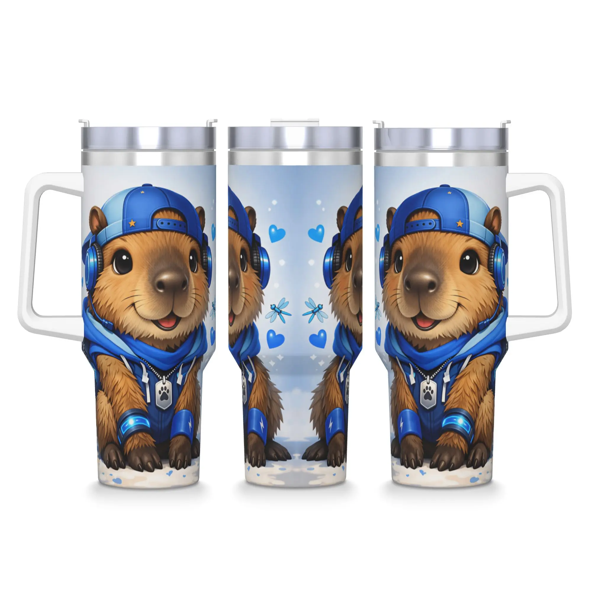 Stainless Steel Tumbler Cool Hip Hop Capybara Blue Cap Headphone Hoodie Dragonfly Heart Cartoon…