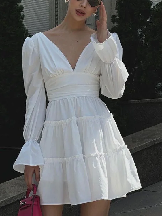 

Pure White Sweet Faion Sexy Deep V Long Sve ort Skirt High Waist A-Line Skirt Women's Polyester Spring Design Sense Pl...