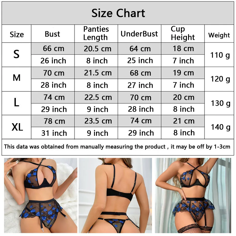 Women\'s  Sexy Lingerie Luxury Lace Embroidery Fancy Underwear 3-Pieces Garters Sex Bra and Briefs Set Transparent Erotic Thongs